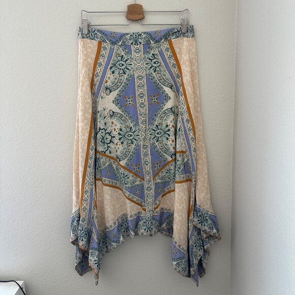 Free People A Line Asymmetrical Midi Skirt Bohemian Blue Print Rayon Sz M - Picture 2 of 10